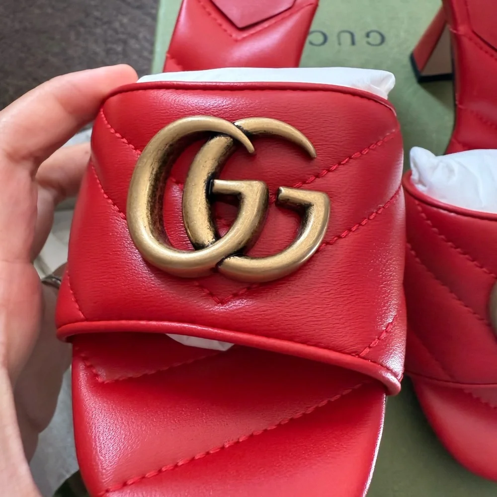 Gucci Red Quilted Leather Slide Sandals with Double G Hardware size 35 - Picture 9 of 13